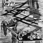 Χωριό πετρελαιοεργατών στη θάλασσα, 1964, ξυλογραφία, 48,5 x 41,5 εκ.