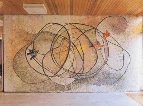 Ψάρεμα, 1971-72, ψηφιδωτό, Γυμνάσιο του Ερντ, παραθεριστικό ξενοδοχείο του χαλυβουργείου της πόλης Ντουναουϊβάρος στο Σιπ Λακ