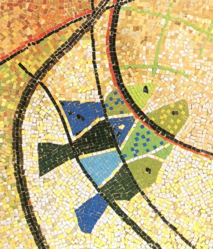 Ψάρεμα (λεπτομέρεια), 1971-72, ψηφιδωτό, Γυμνάσιο του Ερντ, παραθεριστικό ξενοδοχείο του χαλυβουργείου της πόλης Ντουναουϊβάρος στο Σιπ Λακ