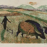Όργωμα με βουβάλια, 1956-58, έγχρωμη ξυλογραφία, 17 x 22,5 εκ.