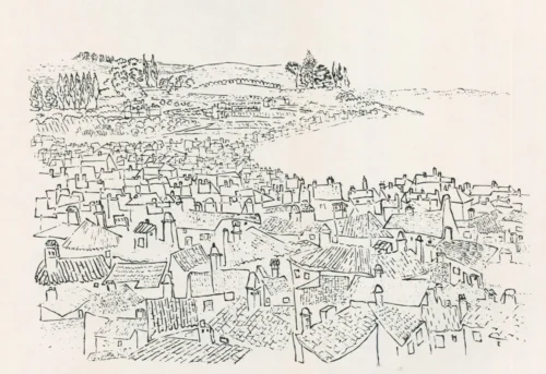 Ιταλική κωμόπολη, 1976, μελάνι σε χαρτί, 41 x 45 εκ., ιδιωτική συλλογή